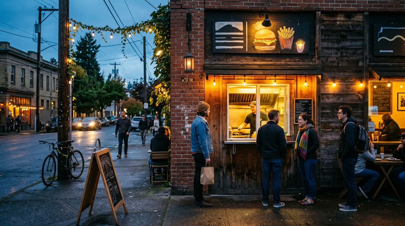 The Maillard Bros. burger window at dusk, warm light spilling onto the sidewalk