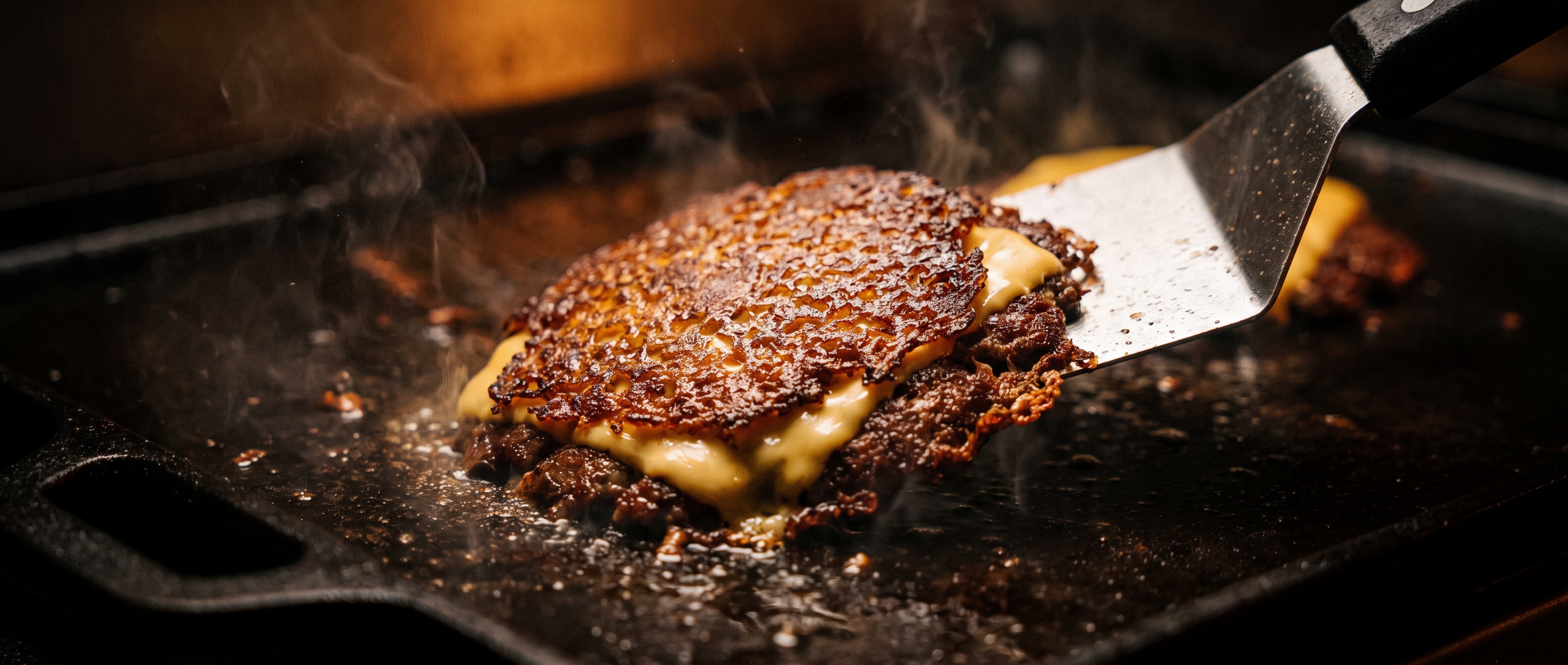 Smashed patty being scraped off the flat-top, lacy bronze crust with melted cheese and rising steam